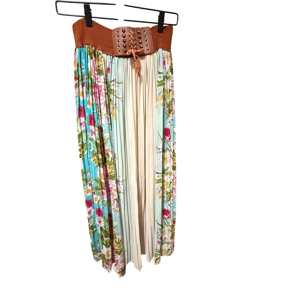 Mint Green Maxi Skirt Floral Pleated Corset Waist M  Excellent Boho Whimsical